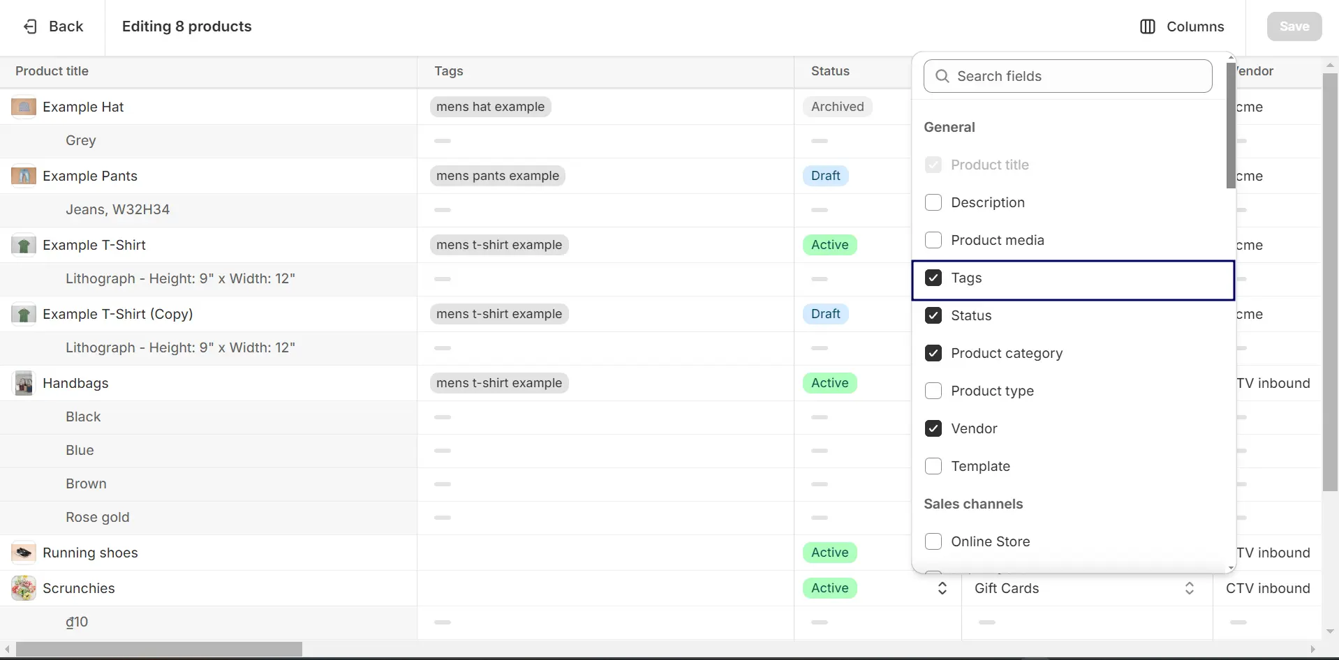 find the Tags column, click Columns and check the Tags box